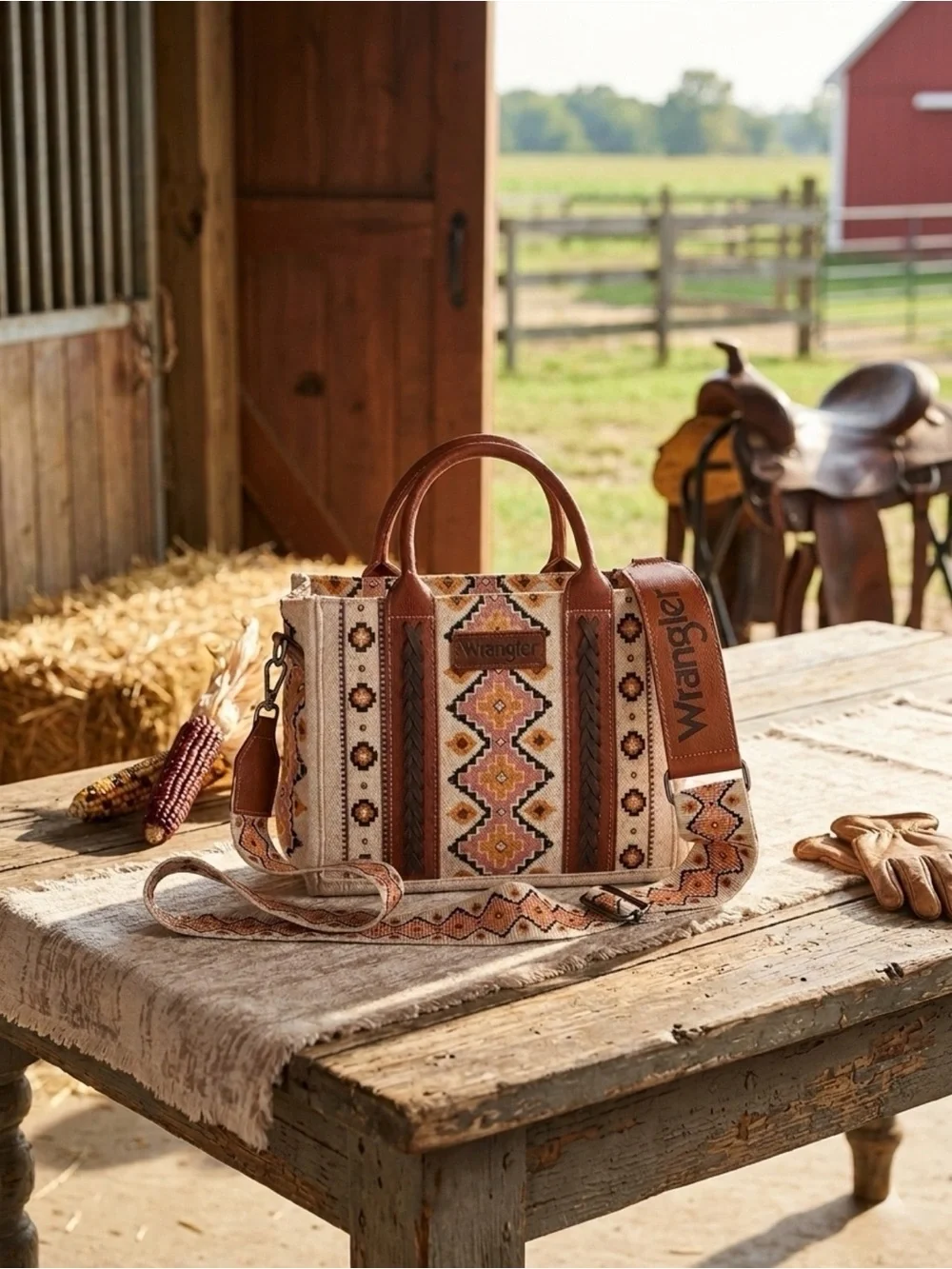 Wrangler Aztec Southwestern Canvas Crossbody Mini Tote Bag - Brown & Cream